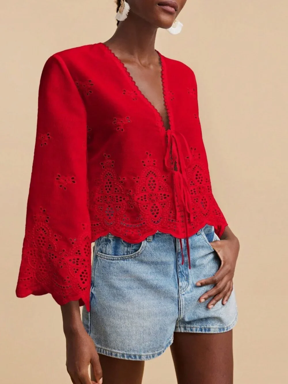 Red Casual Women's Deep V Neck Woven Blouse With Flare Sleeves